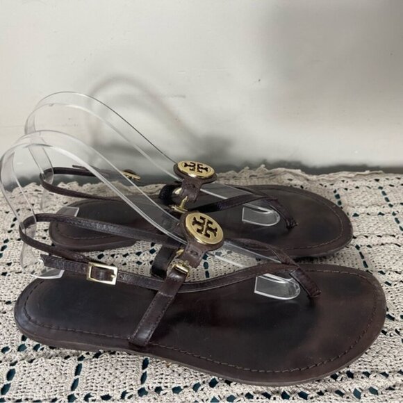 Tory Burch Ali-Anteka Leather Brown coconut Sandals 8.5 Gold hardware slingback - Picture 5 of 11